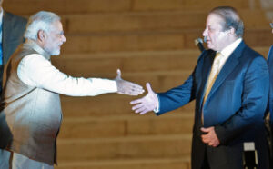 Prime Minister Narendra Modi shakes hand with his Pakistani counterpart Nawaz Sharif.